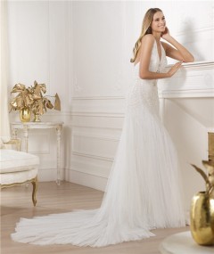Sexy Sheath Halter Open Back Beaded Sequins Tulle Wedding Dress With Swarovski Crystal