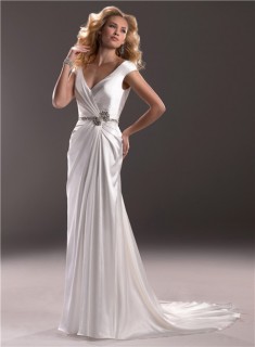 Sexy Sheath V Neck Low Back Satin Wedding Dress With Crystals Buttons