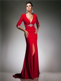 Sexy Tight V Neck Backless Cut Out Long Red Jersey Beading Prom Dress With Sleeve