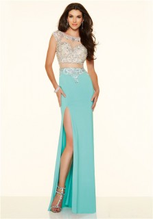 Sexy Two Piece High Slit Sheer Back Turquoise Chiffon Beaded Evening Prom Dress