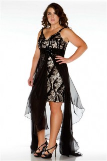 Sexy V Neck High Low Black Lace Sequins Chiffon Plus Size Prom Dress