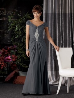 Sexy V neck off the shoulder long grey chiffon Mother of the bride dress