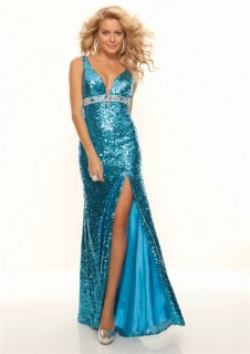 Sexy v neck empire long blue sequined prom dress with slit