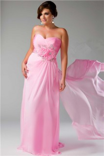 Sheath Sweetheart Long Pink Chiffon Plus Size Party Prom Dress With Beaded Flowers