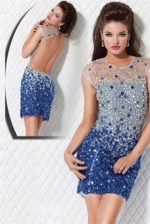 Sheer Illusion Neckline Backless Short Royal Blue Beaded Club Cocktail Party Dress