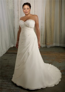 Simple A Line Sweetheart Corset Back Organza Beaded Plus Size Wedding Dress With Ruching