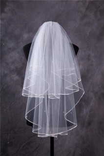 Simple Two Tiers Tulle Ribbon Edge Fingertip Length Wedding Bridal Veil