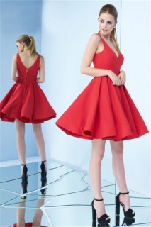 Simple V Neck Short Red Satin Party Prom Dress