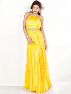 Stunning A Line Halter Backless Long Yellow Chiffon Evening Dress With Beading Belt