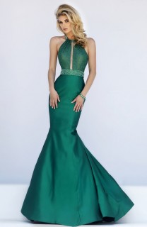 Stunning Mermaid Halter Cut Out Dark Green Taffeta Prom Dress Open Back