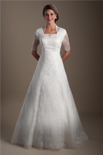 Traditional A Line Square Neck Short Sleeve Lace Modest Wedding Dress