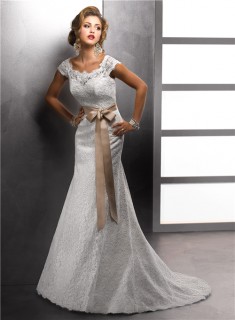 Trumpet/ Mermaid Bateau Cap Sleeves Vintage Lace Wedding Dress With Sash Buttons