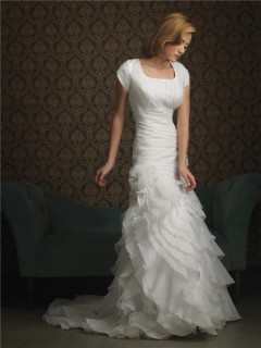 Trumpet/ Mermaid square sweep train cap sleeve ruffles wedding dress