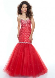Trumpet/Mermaid sweetheart floor length red beaded tulle prom dress