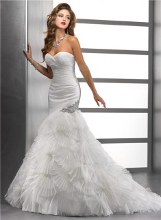 Unique Mermaid Sweetheart Pleated Tulle Wedding Dress With Fan Flowers Crystal