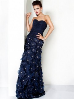 Unique Princess Sweetheart Long Navy Blue Evening Prom Dress With Flowers