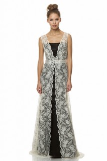 Unique V Neck Long Black Satin Ivory Lace Special Occasion Bridesmaid Dress With Belt Slit