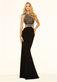 Unqiue Sexy Side Cut Out Backless Black And Gold Beaded Prom Dress