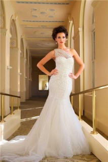 Unusual Mermaid One Shoulder Sparkle Sequins Wedding Dress With Cathedral Train