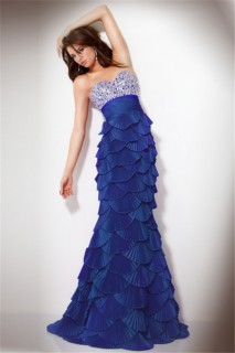 Unusual Mermaid Strapless Long Royal Blue Tiered Evening Dress With Beading