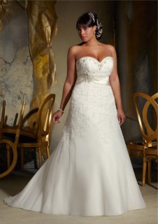 A Line Sweetheart Corset Organza Lace Beaded Plus Size Wedding Dress With Belt