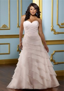 A Line Sweetheart Layered Blush Pink Organza Ruffle Plus Size Wedding Dress Corset Back