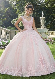 Ball Gown Prom Dress Light Pink Tulle Lace Wedding Dress V Neck