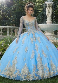 Ball Gown Prom Dress Long Sleeve Light Blue Tulle Gold Lace Quinceanera Dress