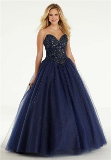 Ball Gown Strapless Drop Waist Navy Blue Tulle Beaded Prom Dress