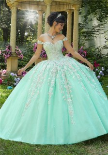 Beautiful Ball Gown Prom Dress Mint Green Tulle Lace  Quinceanera Dress Off The Shoulder