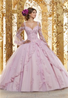Quinceanera Dress Ball Gown Lilac Tulle Lace Beaded Prom Dress Long Sleeve Cold Shoulder