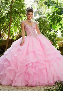 Quinceanera Dress Ball Gown Prom Dress Pink Tulle Ruffle Beaded