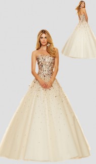 Sparkly Ball Gown Strapless Champagne Tulle Gold Beaded Corset Prom Dress