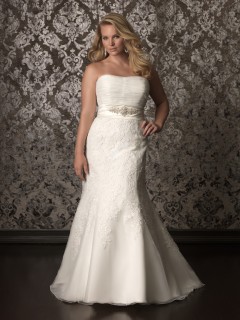 Trumpet Mermaid strapless chapel train lace plus size wedding dress with crystals sash
