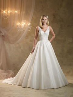 Ball Gown Deep V Neck Sleeveless Ivory Ruched Taffeta Wedding Dress With Lace
