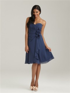 A line sweetheart knee length short navy blue chiffon bridesmaid dress with flowers and ruffles