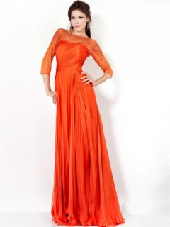 A Line Bateau Long Orange Chiffon Ruched Evening Prom Dress With Sleeves