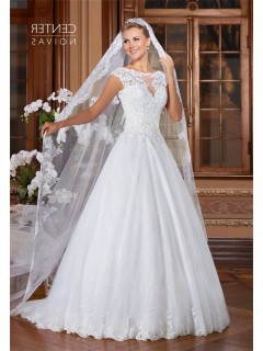 A Line Bateau Neckline Open Back Cap Sleeve Tulle Lace Glitter Wedding Dress