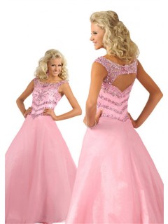 A Line Bateau Neckline Open Back Light Pink Taffeta Beaded Teen Prom Dress