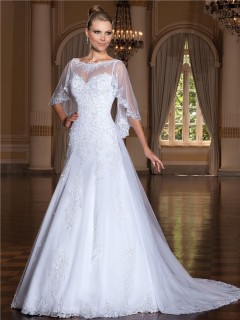 A Line Bateau Neckline Sleeveless Tulle Lace Wedding Dress With Wrap