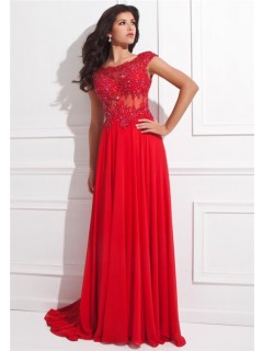A Line Cap Sleeve Open Back Red Chiffon Lace Beaded Long Prom Dress