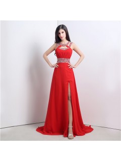 A Line Cut Out High Slit Long Red Chiffon Beaded Prom Dress With Straps