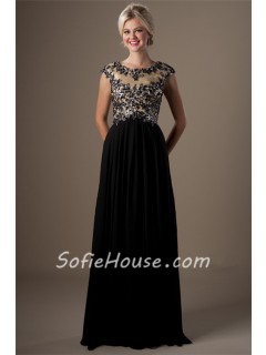 A Line Empire Waist Formal Long Black Chiffon Beaded Modest Prom Dress With Sleeves