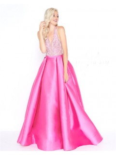 A Line Halter Backless Hot Pink Satin Beaded Prom Dress Pleated Skirt