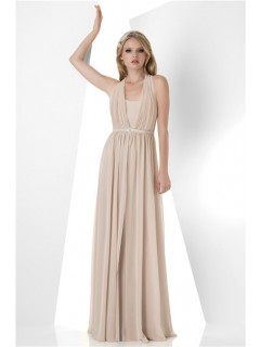 A Line Halter Long Champagne Chiffon Formal Occasion Bridesmaid Dress Beaded Belt