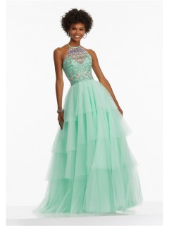 A Line Halter Long Mint Green Tulle Tiered Prom Dress With Beading