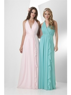 A Line Halter Long Turquoise Chiffon Ruffle Wedding Guest Bridesmaid Dress With Belt