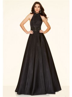 A Line High Neck Backless Long Black Taffeta Beaded Prom Dress