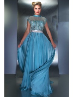 A Line High Neck Cap Sleeve V Back Long Blue Chiffon Sequin Occasion Prom Evening Dress
