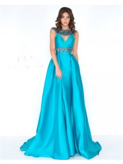 A Line High Neck Front Cut Out Open Back Turquoise Taffeta Beaded Prom Dress